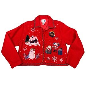 Paul Harris Design Christmas Sweater Cardigan Red Santa‎ Snowman Bear XL